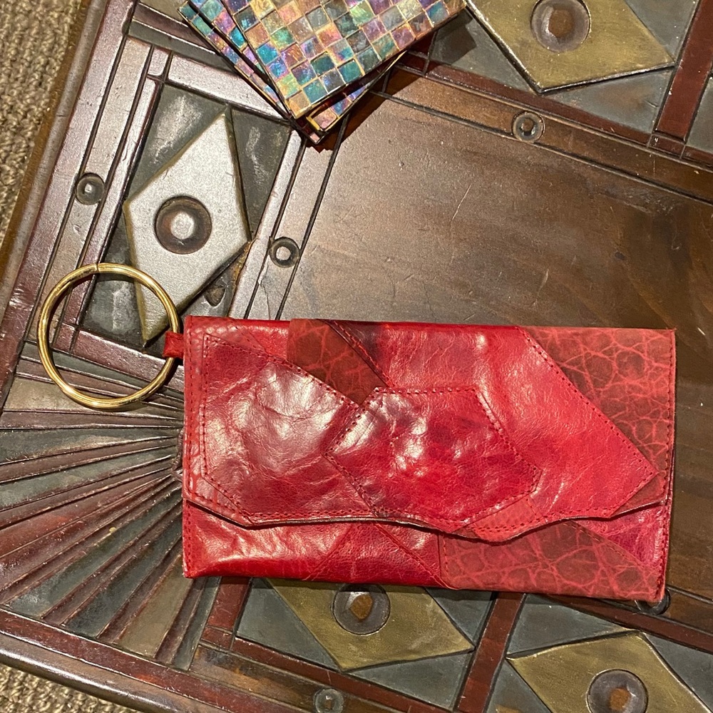 Red leather one of a kind clutch /wristlet